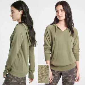 Athleta Evergreen Knitted Pullover Hoodie Sweater Top V-Neck Shadow Olive Green